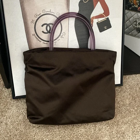 💎Prada Hand Bag Brown Nylon Plastic Handles EUC As Is - Picture 7 of 7